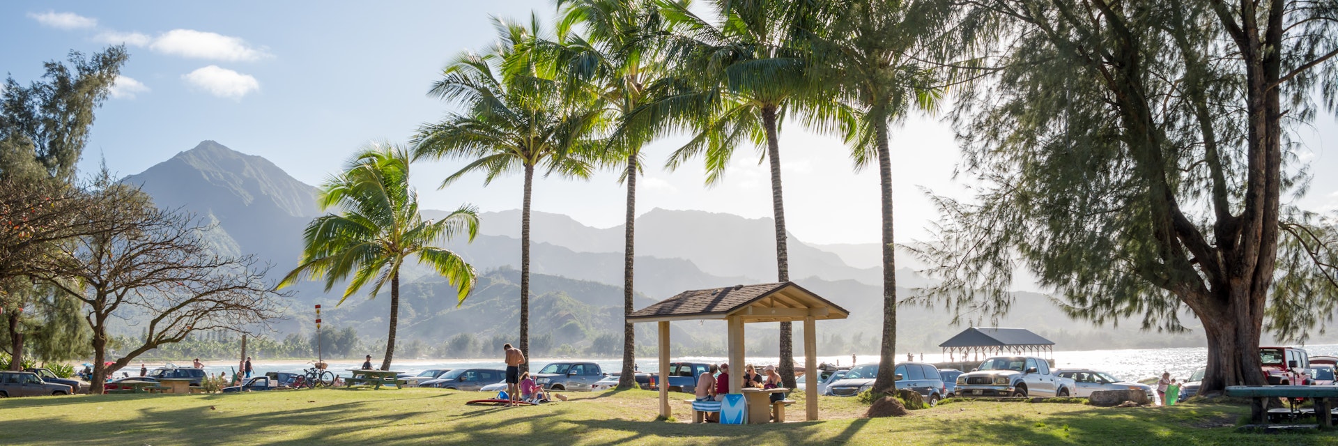 Hanalei, Kauai, February 8, 2016 - Hanalei Beach Park Pavilion is a popular beach for tourists & locals & has the often photographed Hanalei Pier, located on the North Shore of Kauai, Hawaii