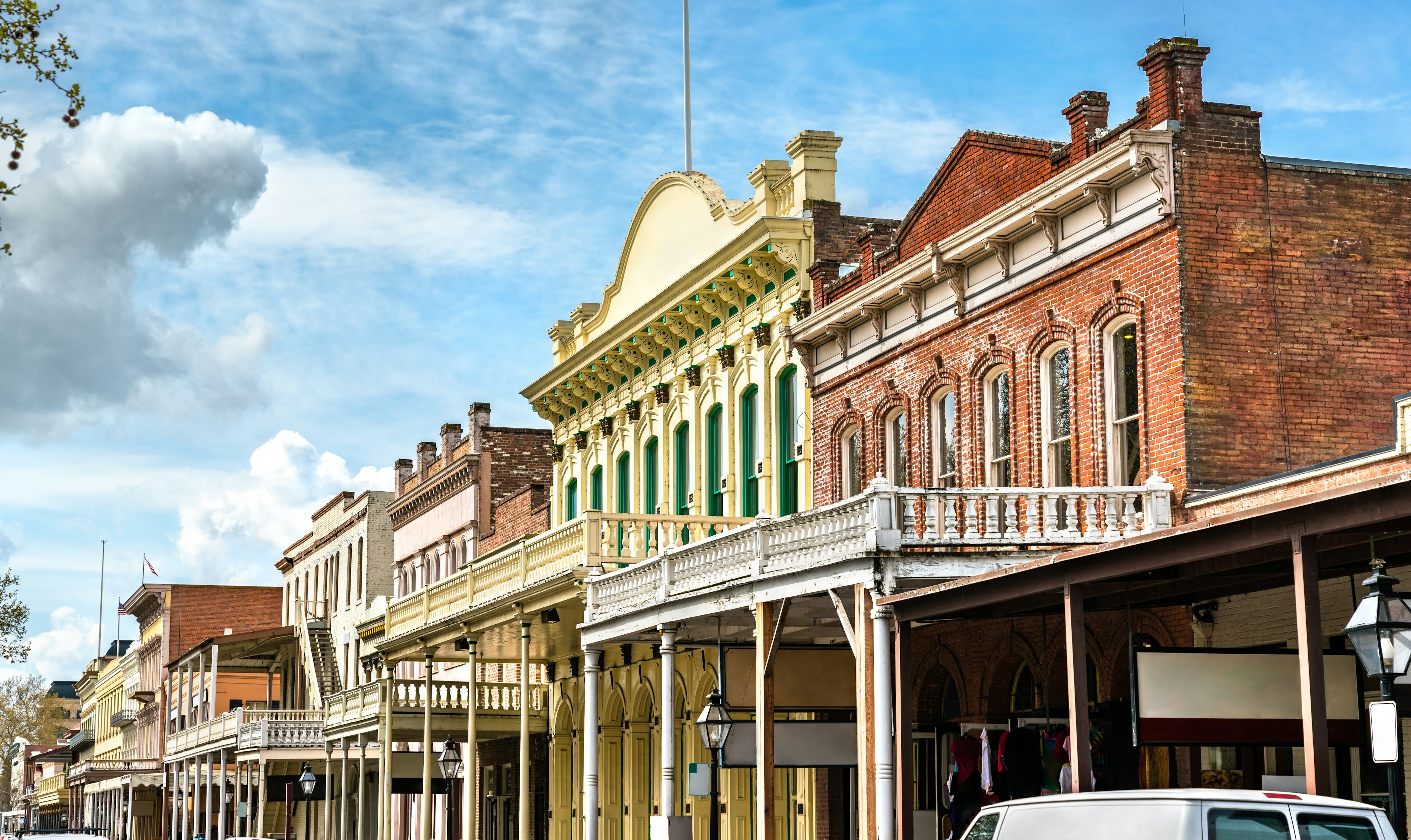 Historic facades of brick buildings in the tourist-friendly Old Town district, Sacramento, California, USA