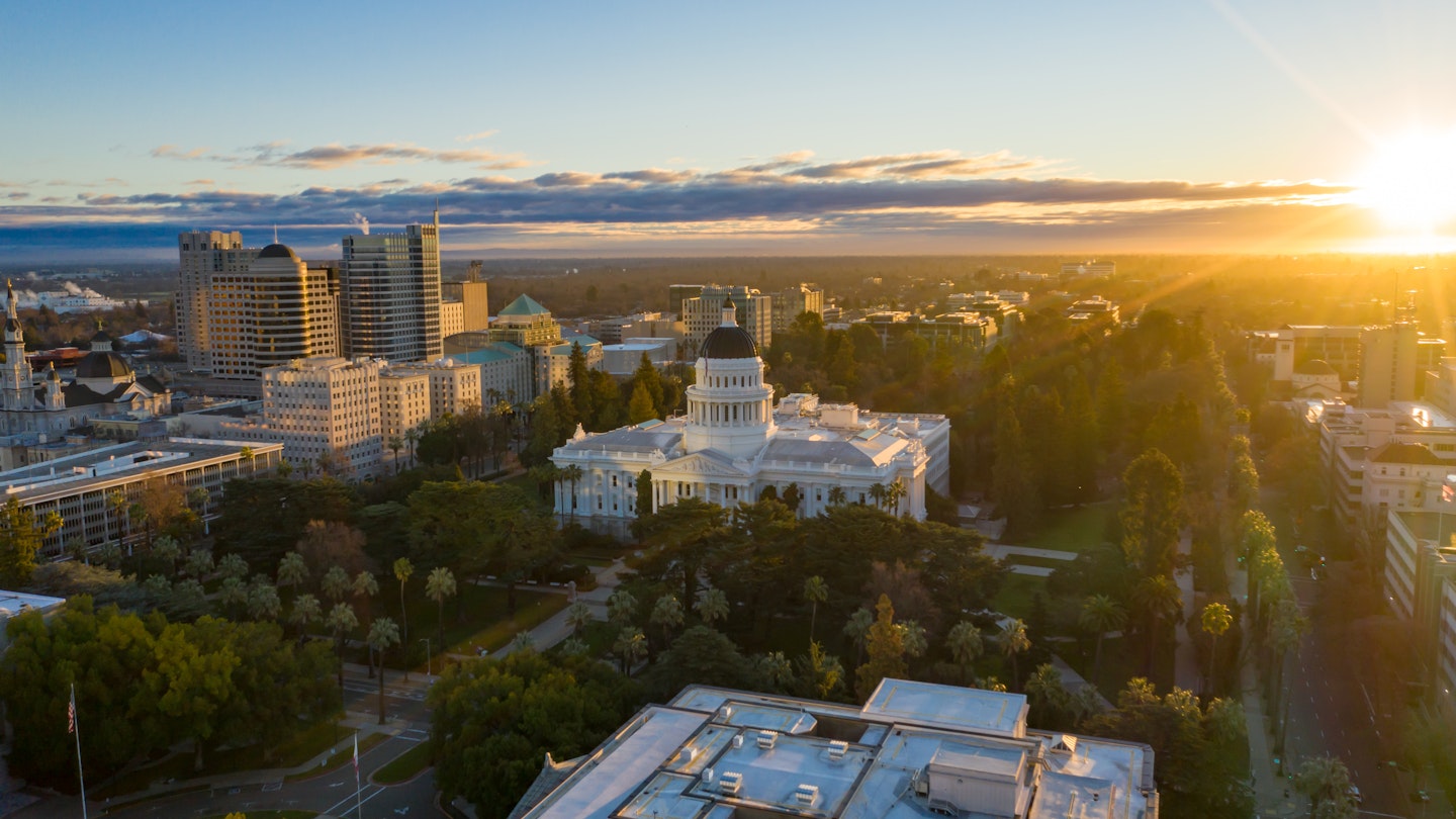 Sacramento, CA - United States of America - 01-07-2021: "California State Capitol Building, Downtown Sacramento, CA during Sunrise - Aerial Drone View"; Shutterstock ID 1889675725; your: Brian Healy; gl: 65050; netsuite: Lonely Planet Online Editorial; full: Best neighborhoods in Sacramento
