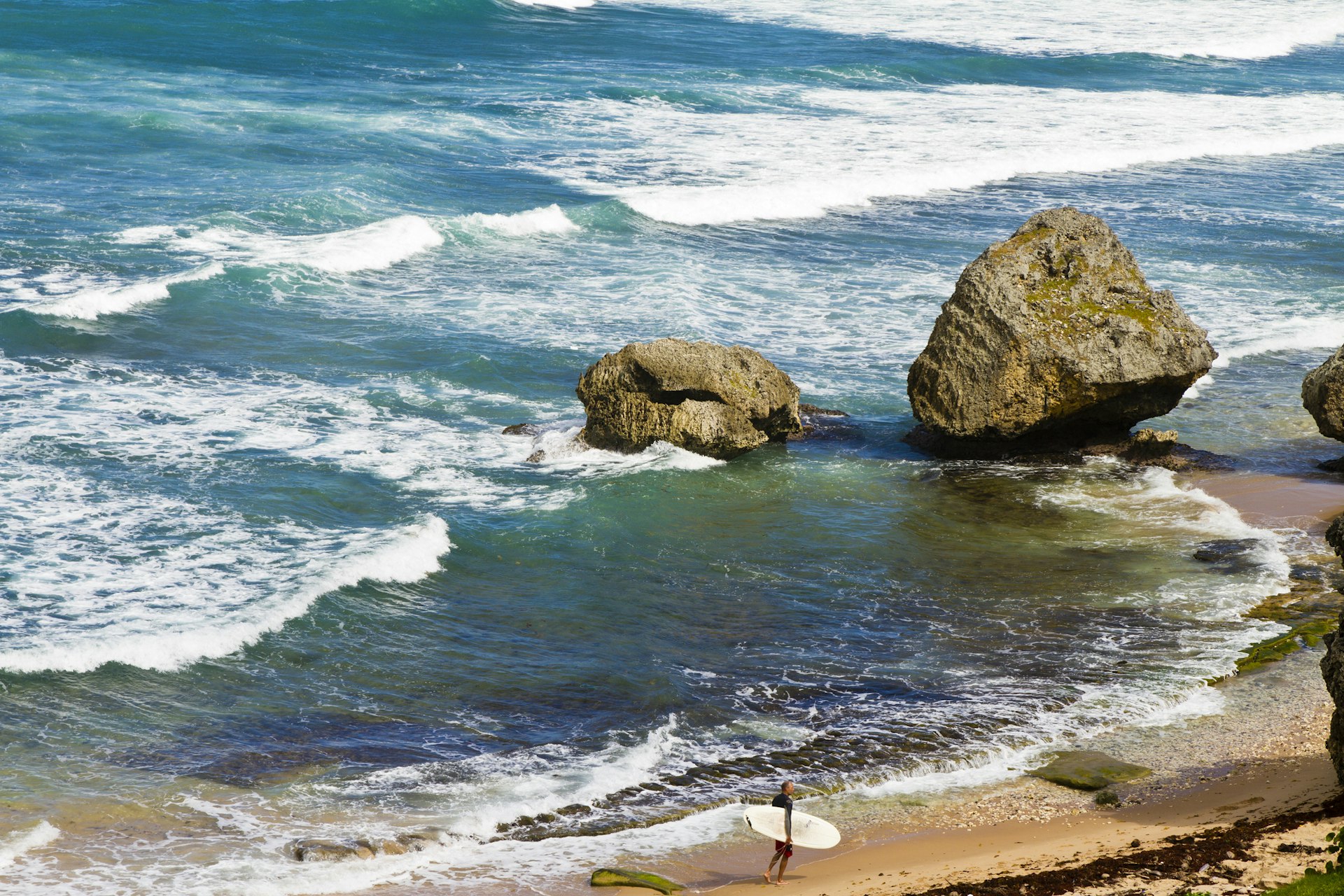 A solo surfer carrying their board walks the rocky coastline of Bathsheba, Barbados