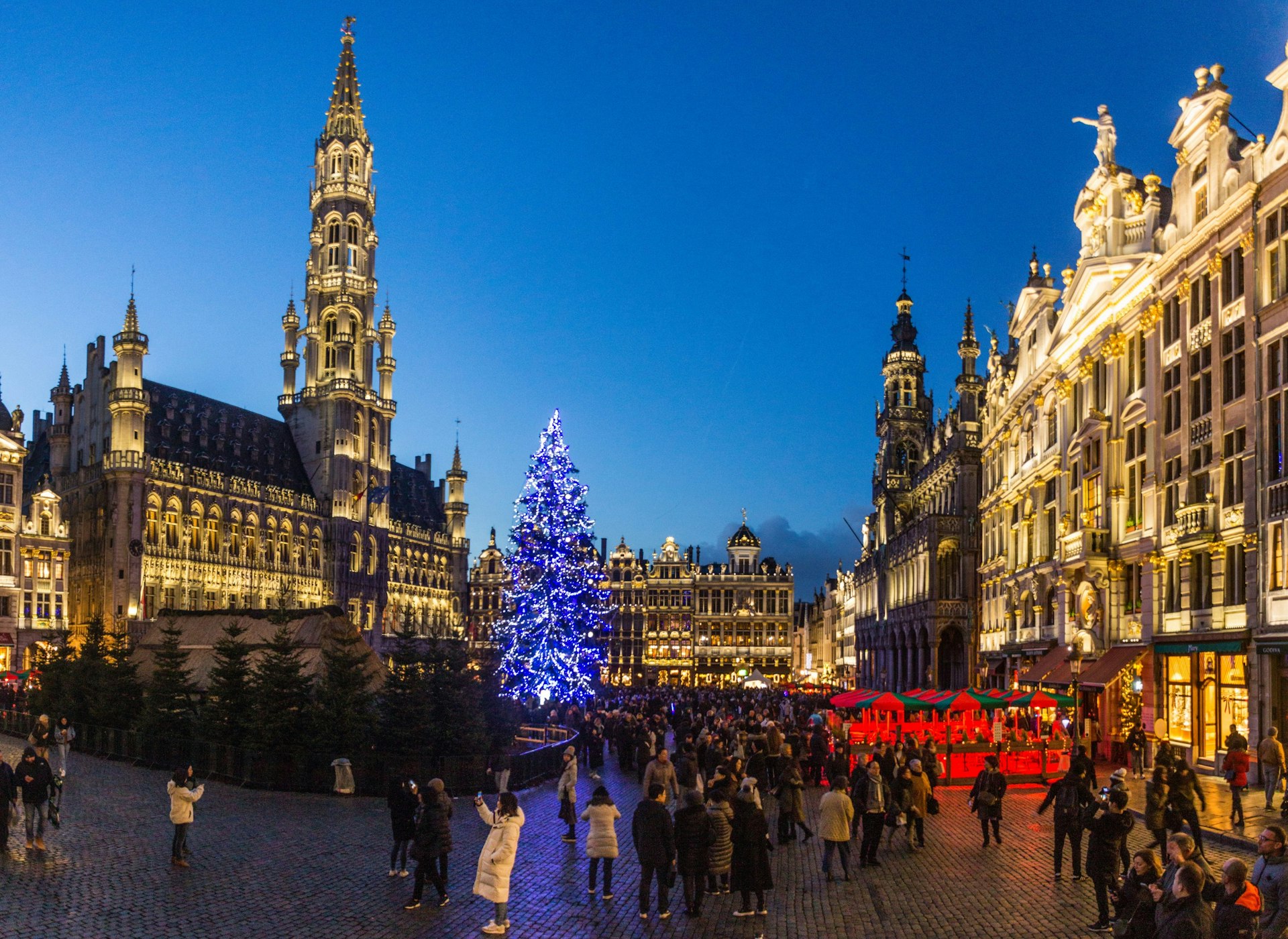 A lit Christmas tree stands in a busy city square