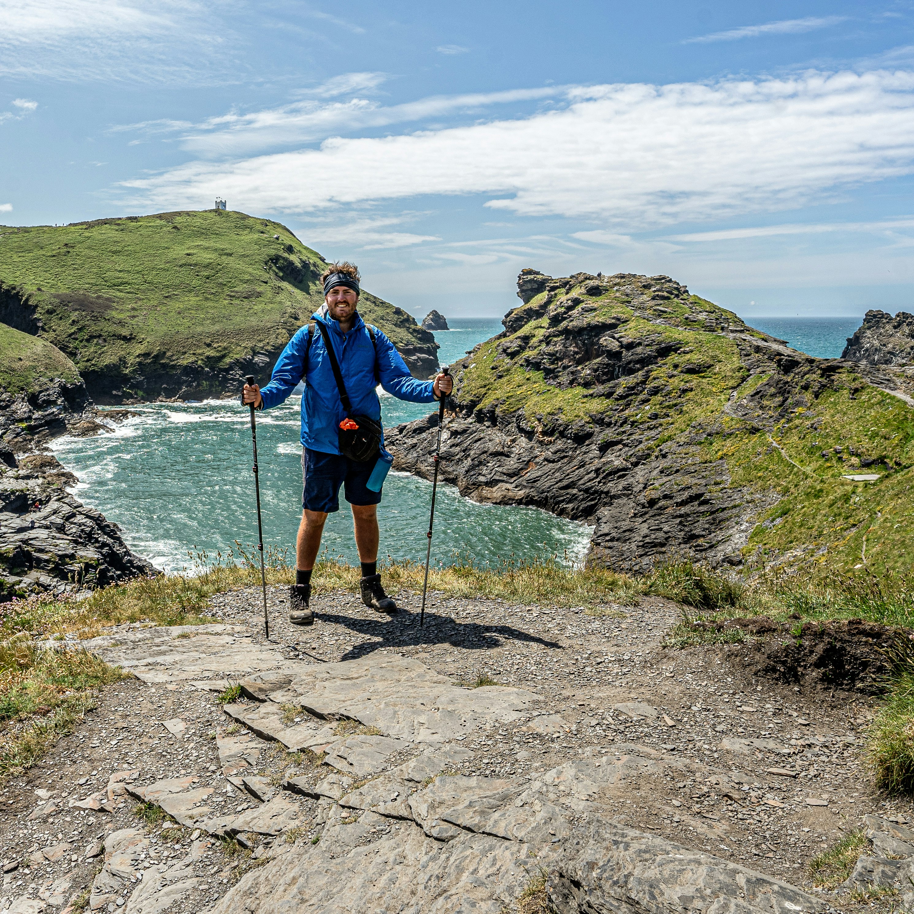 Richard Collett in front of Boscastle in Cornwall along  the South West Coast Path.