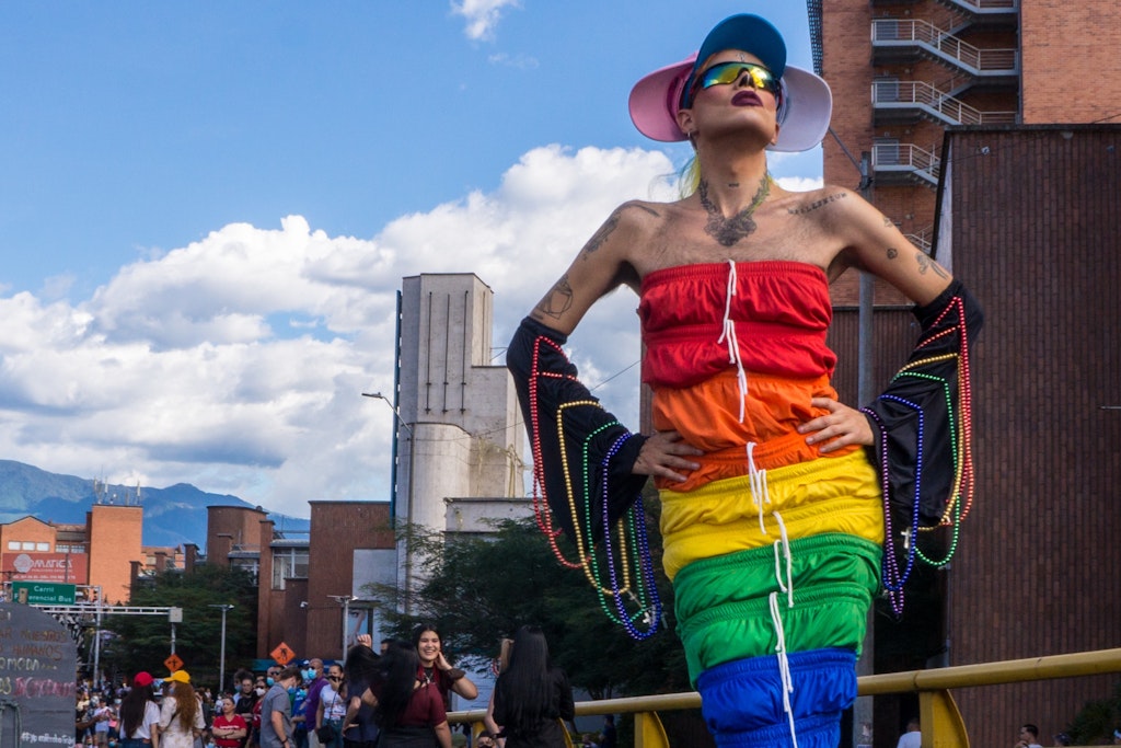 MEDELLÍN, COLOMBIA - July 04, 2021: Drag queens dressed in colors. Gay pride parade in Medellin 2021