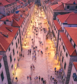 View over the red roofs of Dubrovnik's old town at dusk