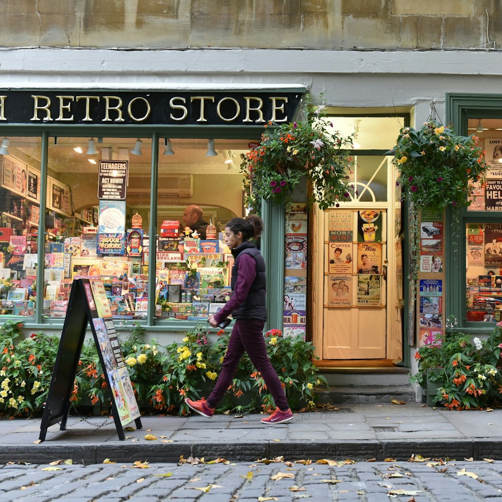 Bath, UK - October 18, 2015: A retro store is seen on a city centre street. The Unesco World Heritage city in Somerset is famous for its shopping, attracting around 4 million visitors a year. ; Shutterstock ID 2091717565; your: Claire Naylor; gl: 65050; netsuite: Online ed; full: Best places to visit in England