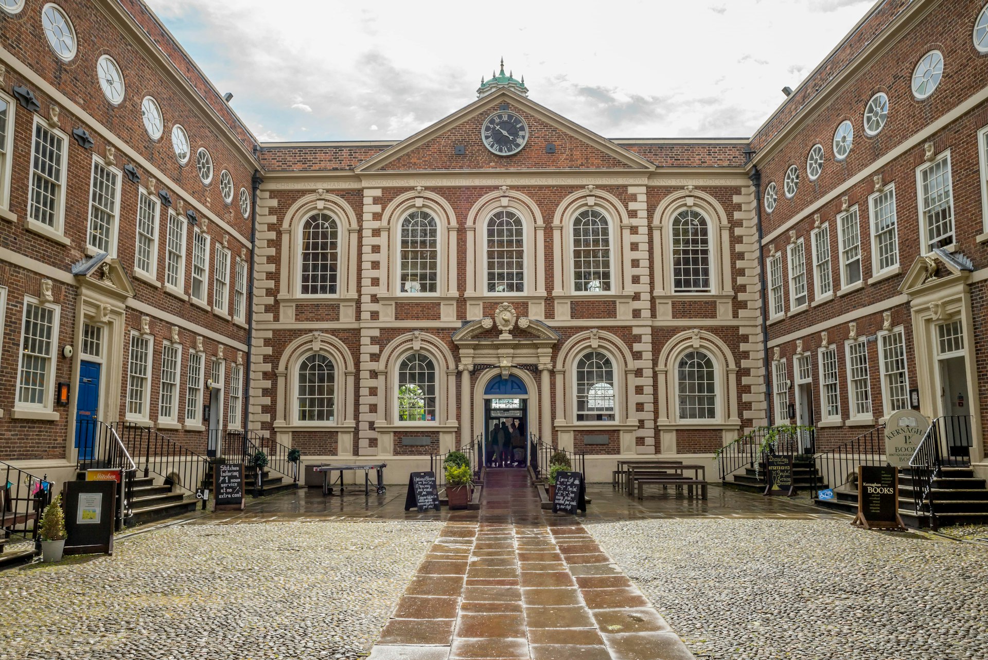The exterior facade and courtyard of the Bluecoat gallery in Liverpool