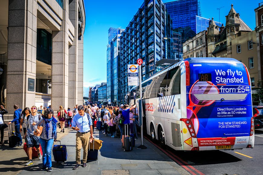A National Express bus pulls into a stop in London