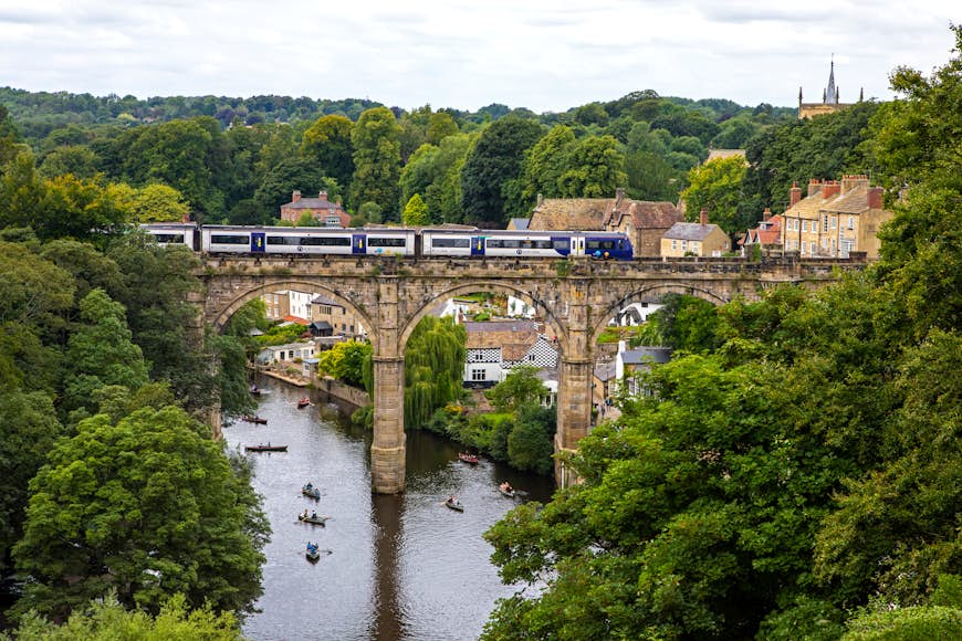 A train crossing the impressive Knaresborough Viaduct in the town of Knaresborough in Yorkshire