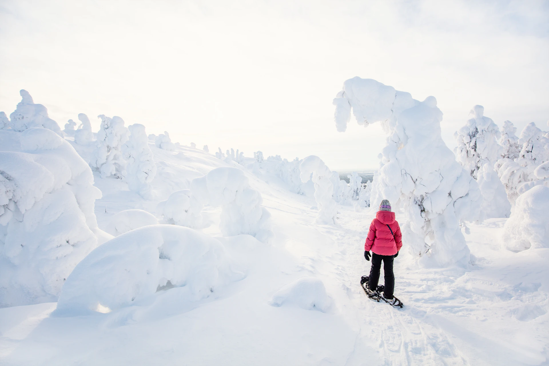 Cute pre-teen girl hiking in snowshoes in winter forest among snow covered trees in Lapland Finland; Shutterstock ID 2047694054; your: Brian Healy; gl: 65050; netsuite: Lonely Planet Online Editorial; full: Best hikes in Finland