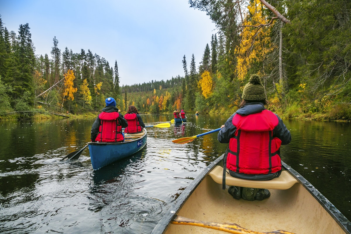 Canoeing on the Oulanka river in Oulanka National Park, Kuusamo region, Finland.
