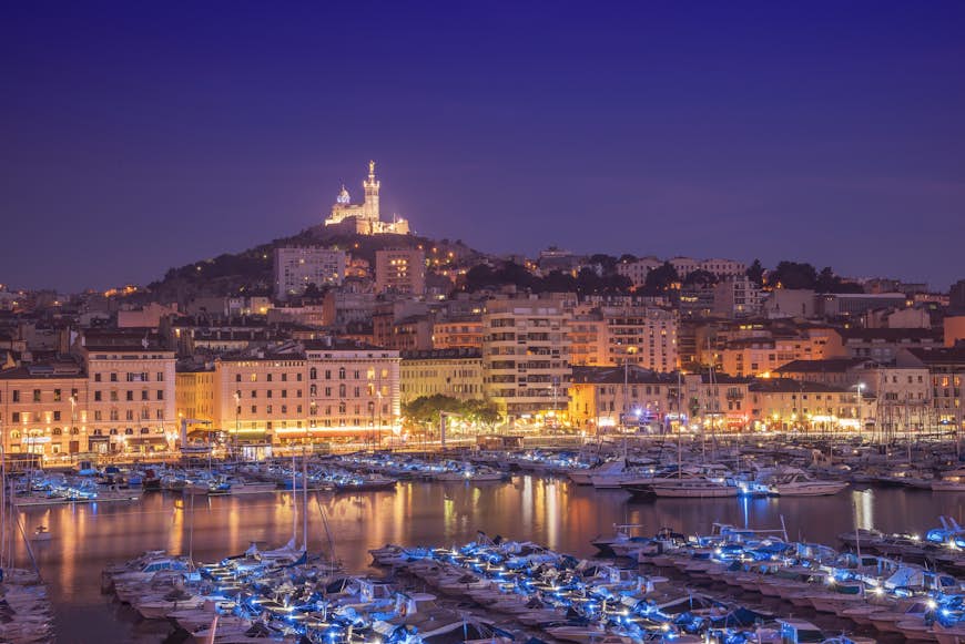 Vieux Port in Marseille lit up at night