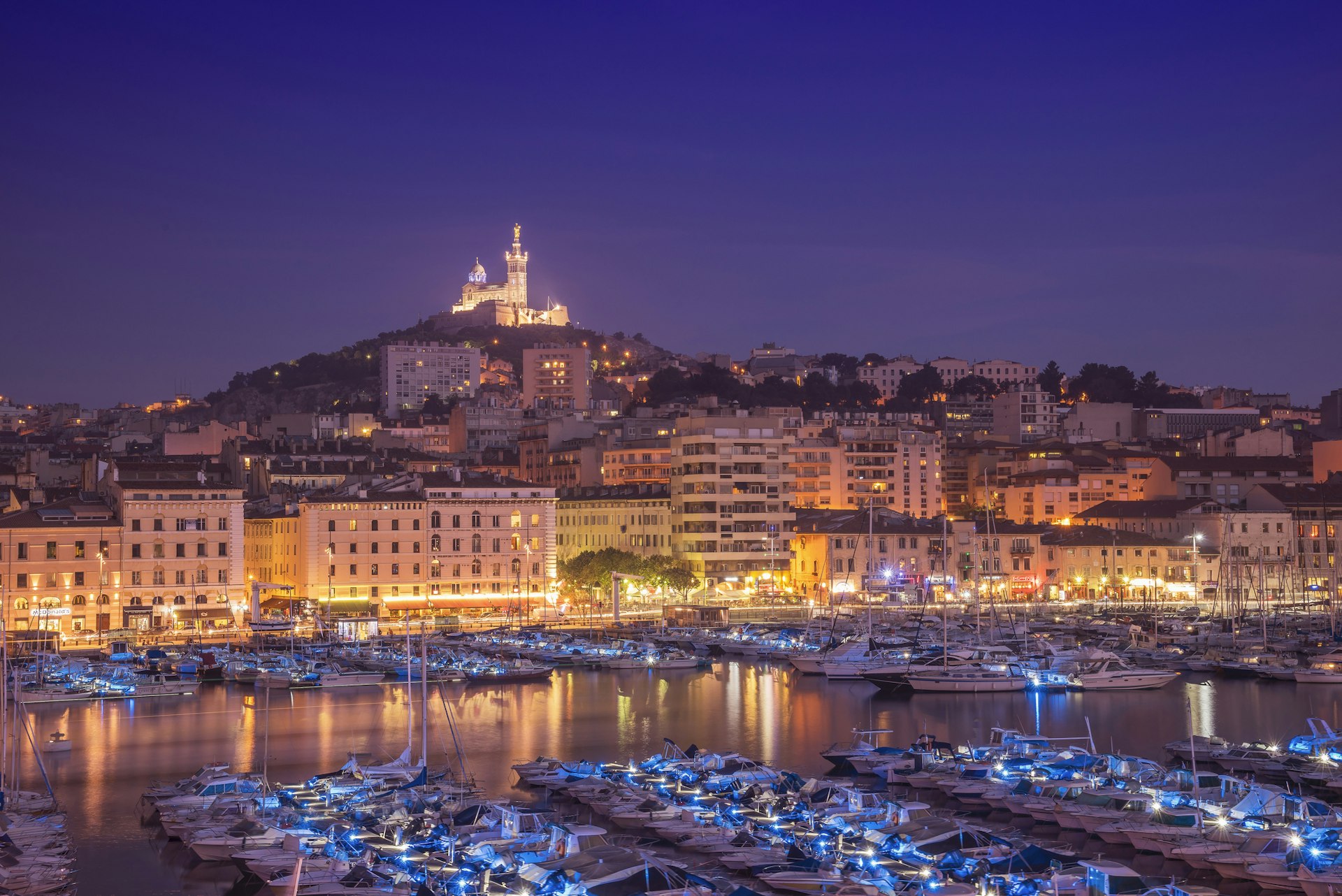 Vieux Port in Marseille lit up at night
