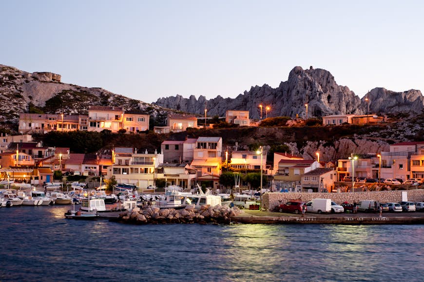 The fishing hamlet of Les Goudes in Marseille at sunset