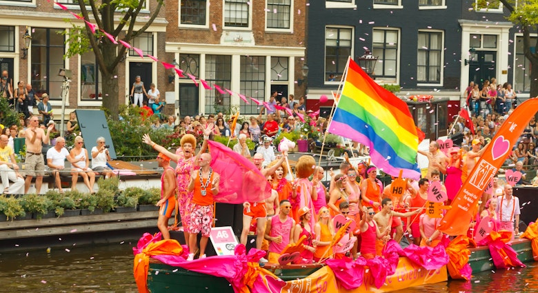 Amsterdam, Netherlands - August 2, 2014:  participants in the annual event for the protection of human rights and civil equality -  Gay Pride.