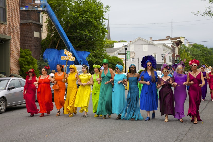 Gay Pride Parade on Warren Street, main street of city of Hudson, Columbia County, New York