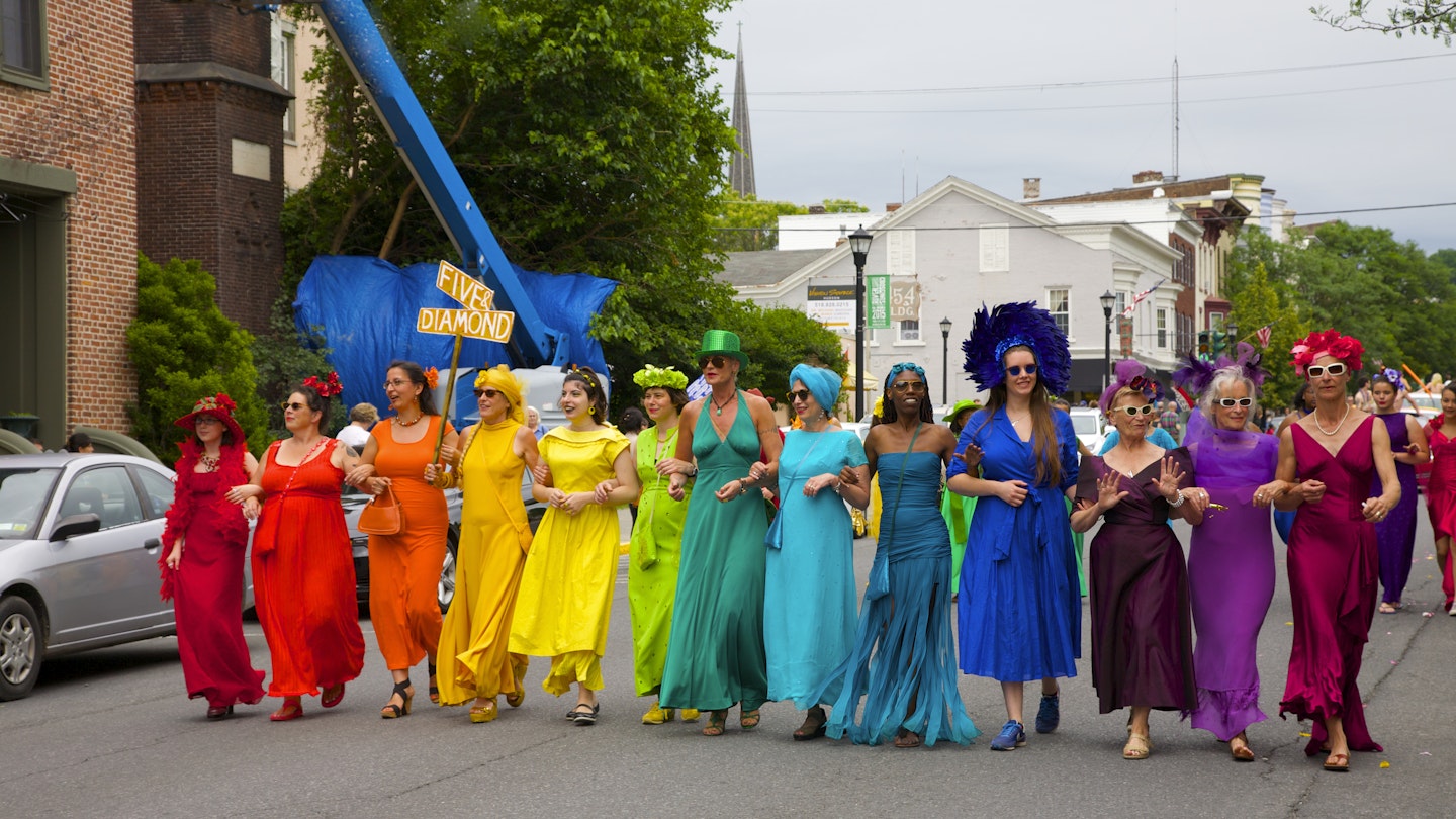 Gay Pride Parade on Warren Street, main street of city of Hudson, Columbia County, New York