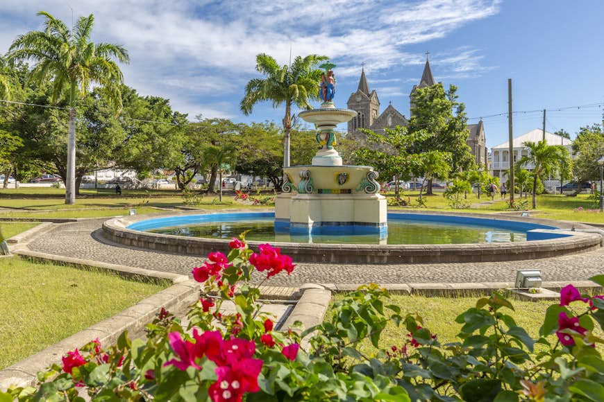 View of flowers and trees around the fountain at Independence Square and Immaculate Conception Catholic Co-Cathedral, Basseterre, St. Kitts