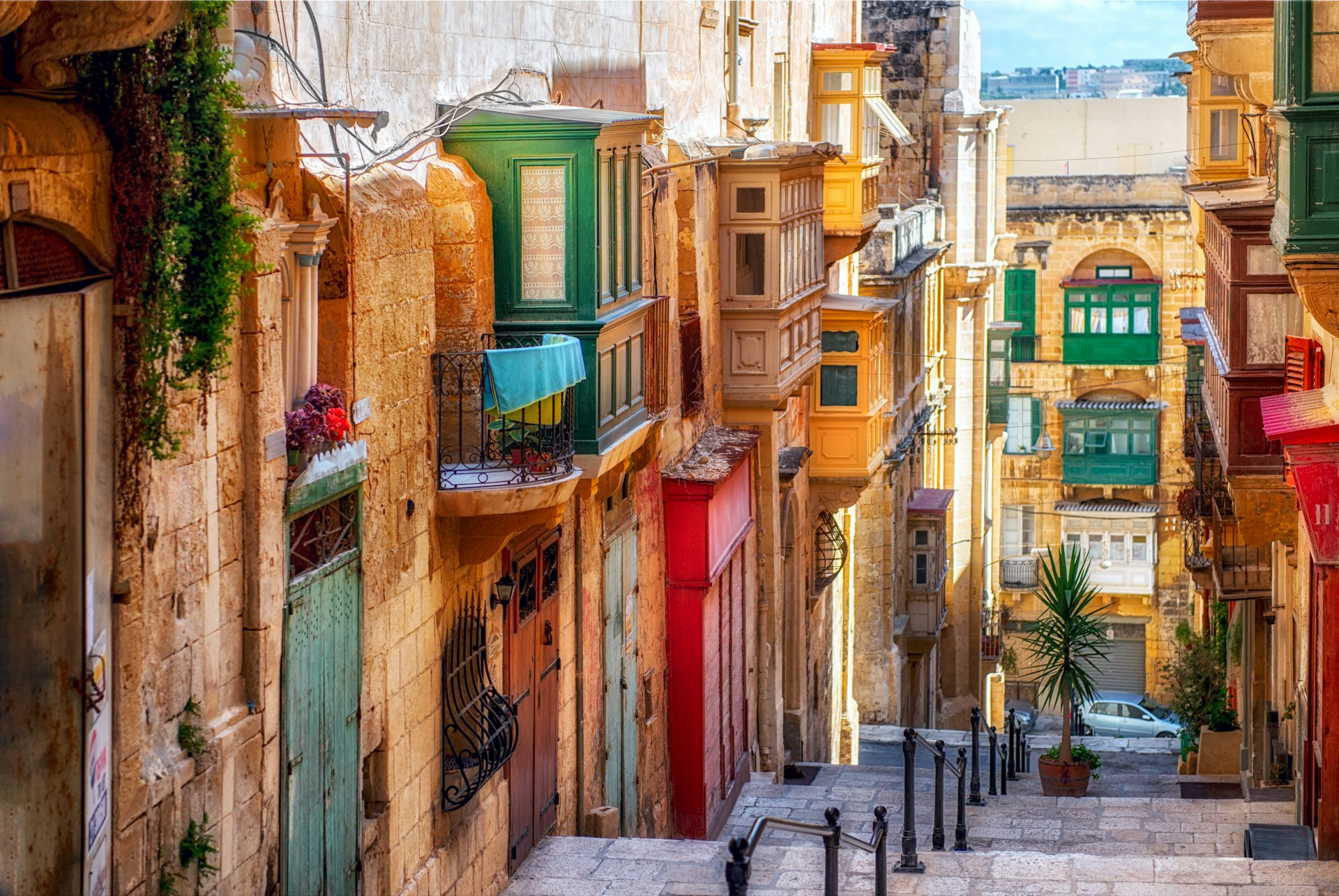 View down a narrow street in Valletta, the capital of Malta