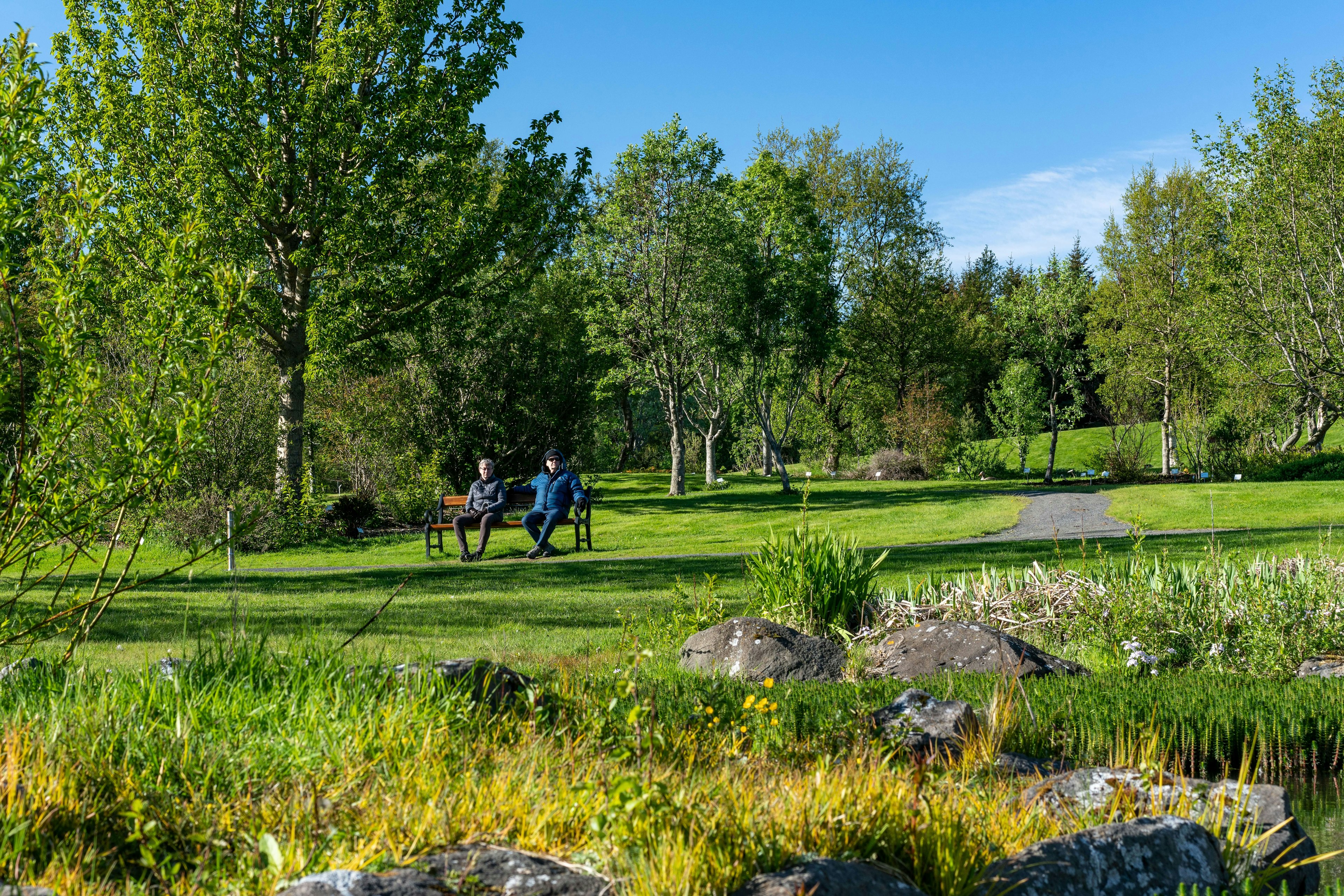 An older couple resting on a bench in Reykjavik Botanic Gardens