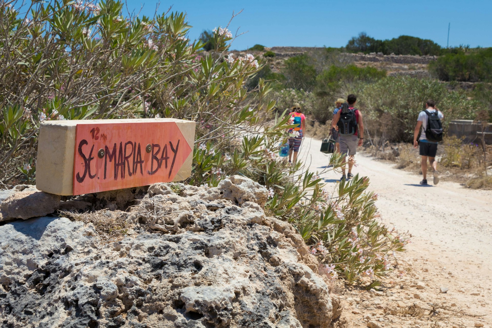 Young tourists walking along the path to St. Maria Bay and beach, through the wild countryside of Comino Island in the summer