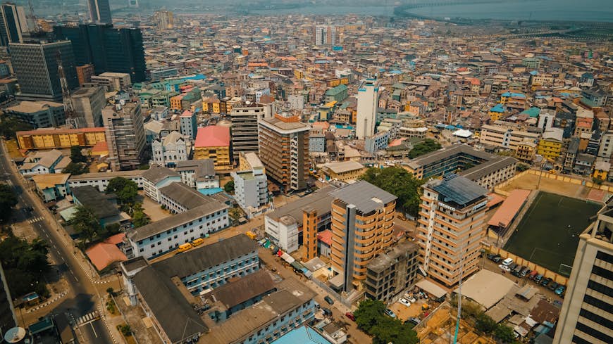 An aerial view of towers on Ikoyi, Lagos Island and Lekki, Lagos, Nigeria