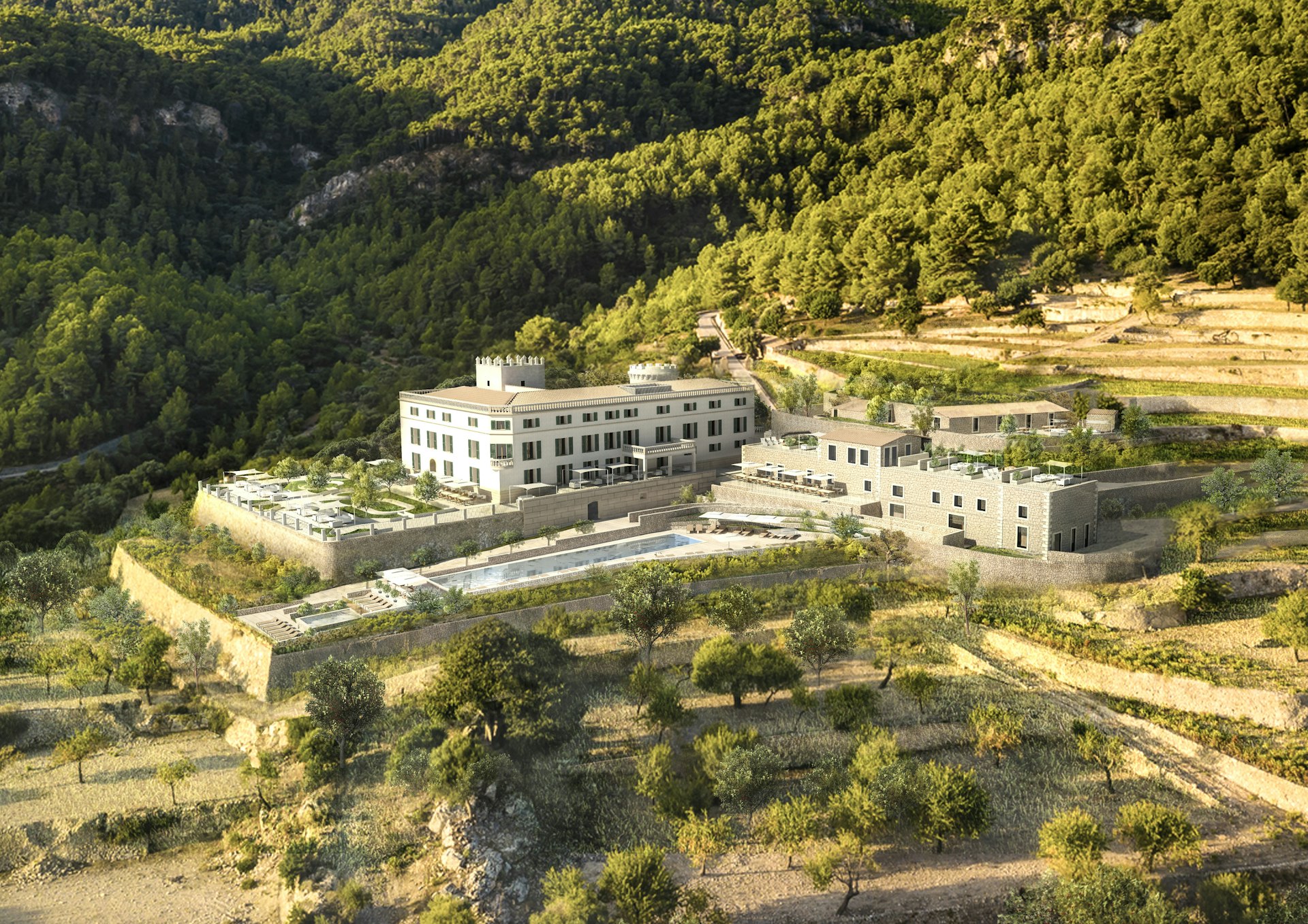 An aerial rendering of the Son Bunyola Hotel in Mallorca