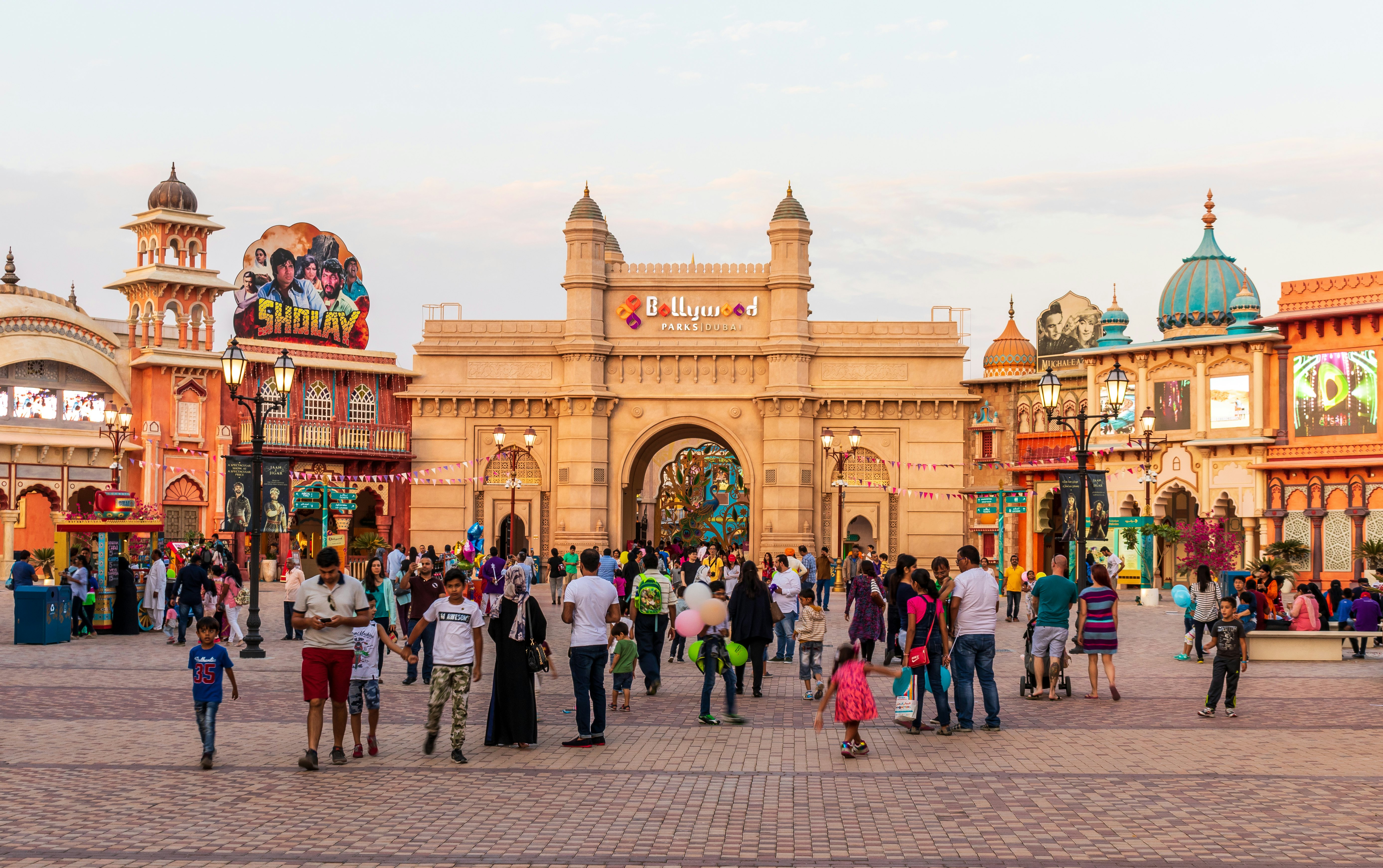 Families explore Bollywood Parks Dubai, Dubai, UAE, Middle East