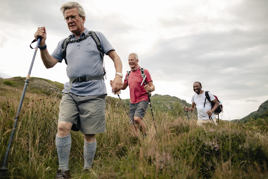 Grupp seniora män som vandrar med pinnar genom gräsbevuxna kullar i Lake District