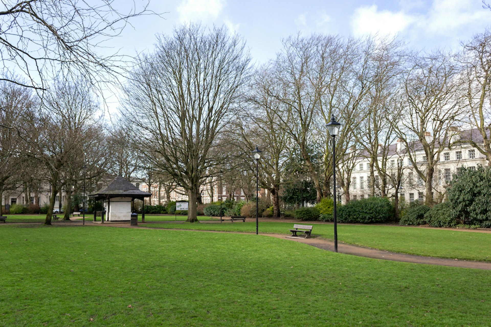 Falkner Square surrounded by historic white town houses in Georgian Quarter, Liverpool, Merseyside, England, United Kingdom