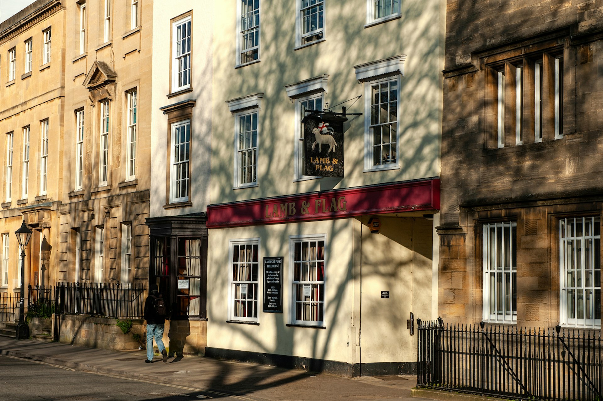 The exterior of the Lamb & Flag pub on St Giles’ street in the city center of Oxford, Oxfordshire, England, United Kindom