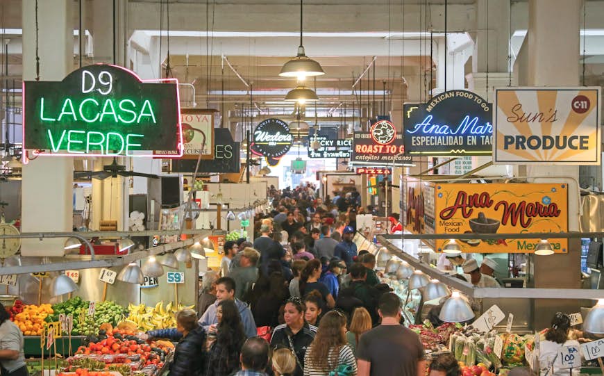 The crowded interior of the Grand Central Market in LA 