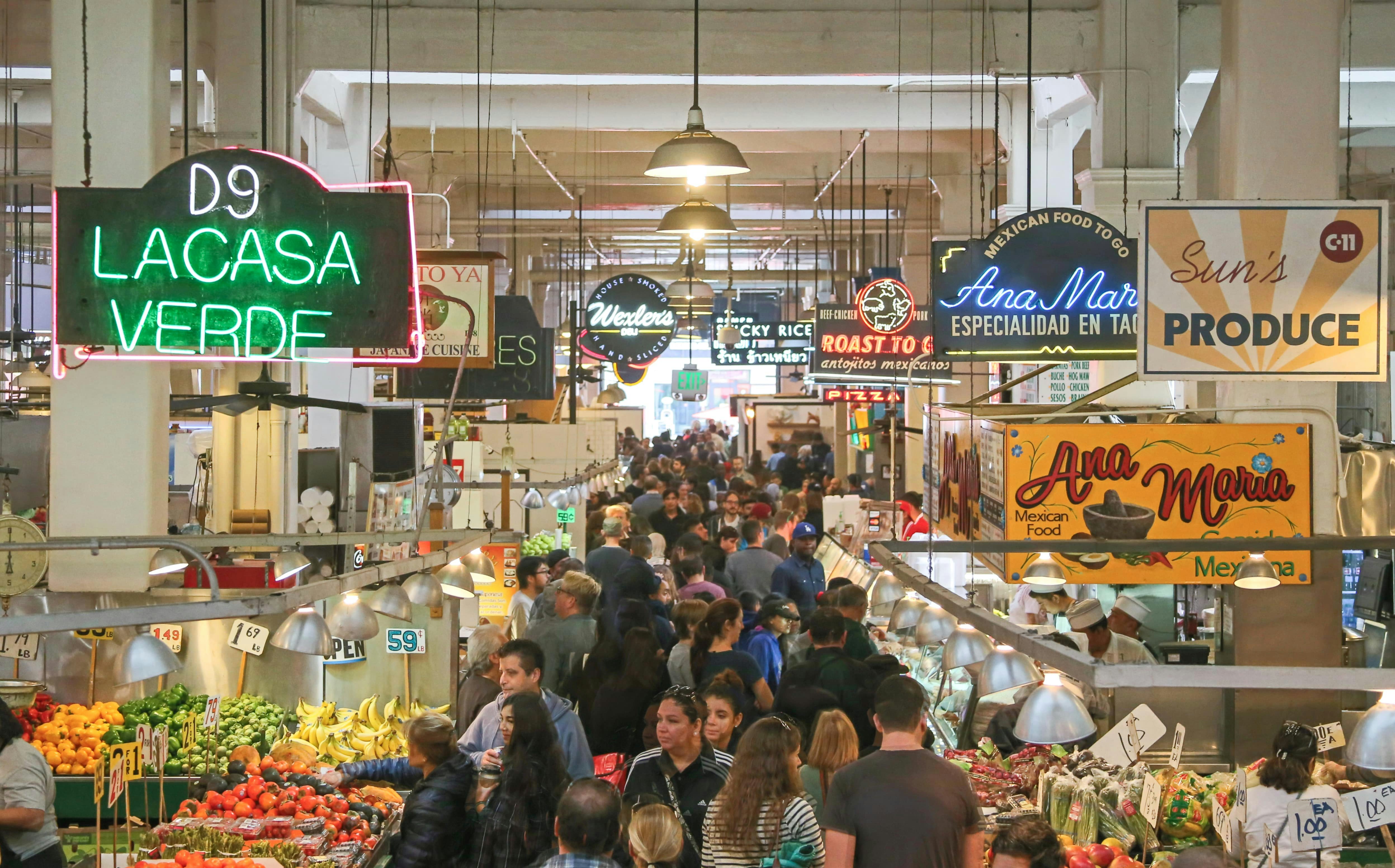 The crowded interior of the Grand Central Market in LA