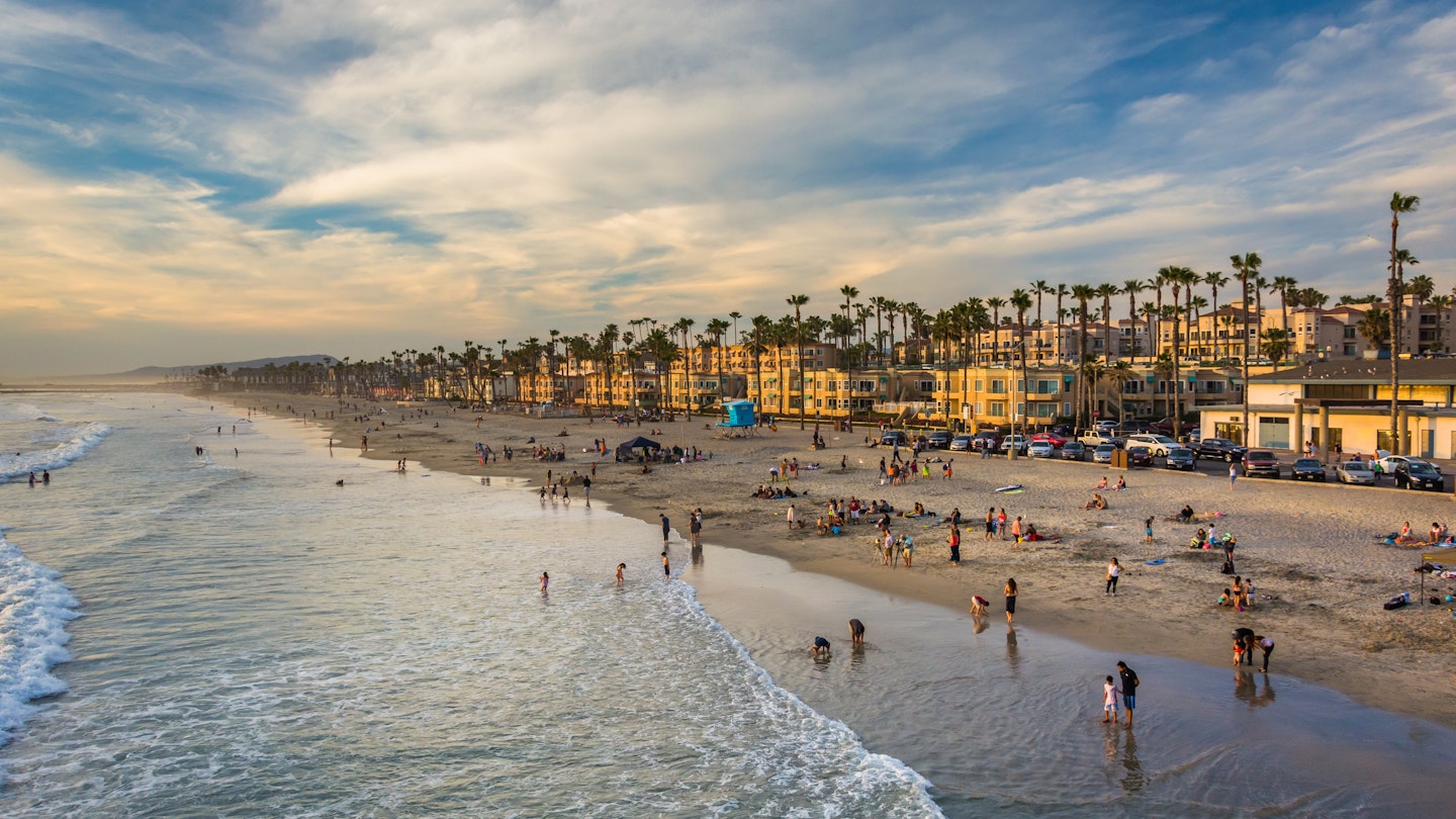 View of the beach from the pier in Oceanside, California