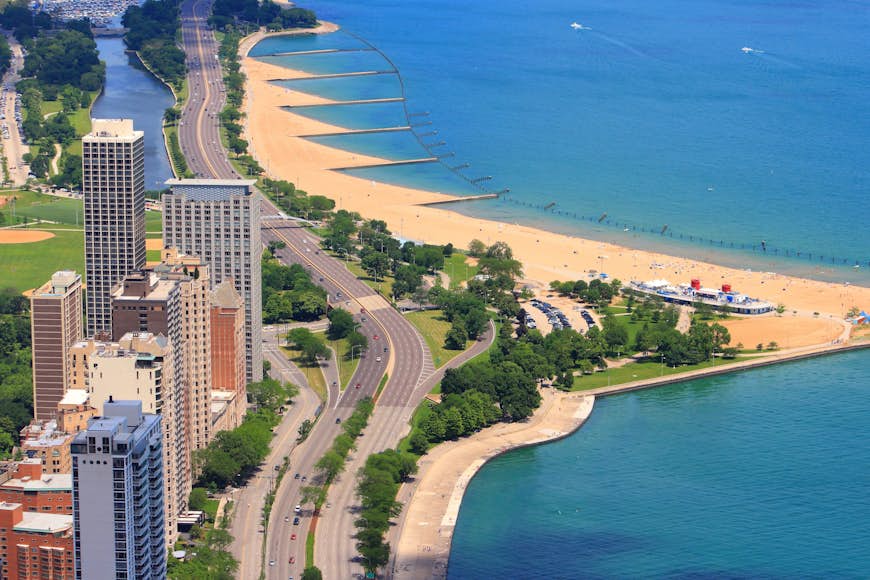 View over North Avenue Beach from the viewing deck at 875 North Michigan Avenue