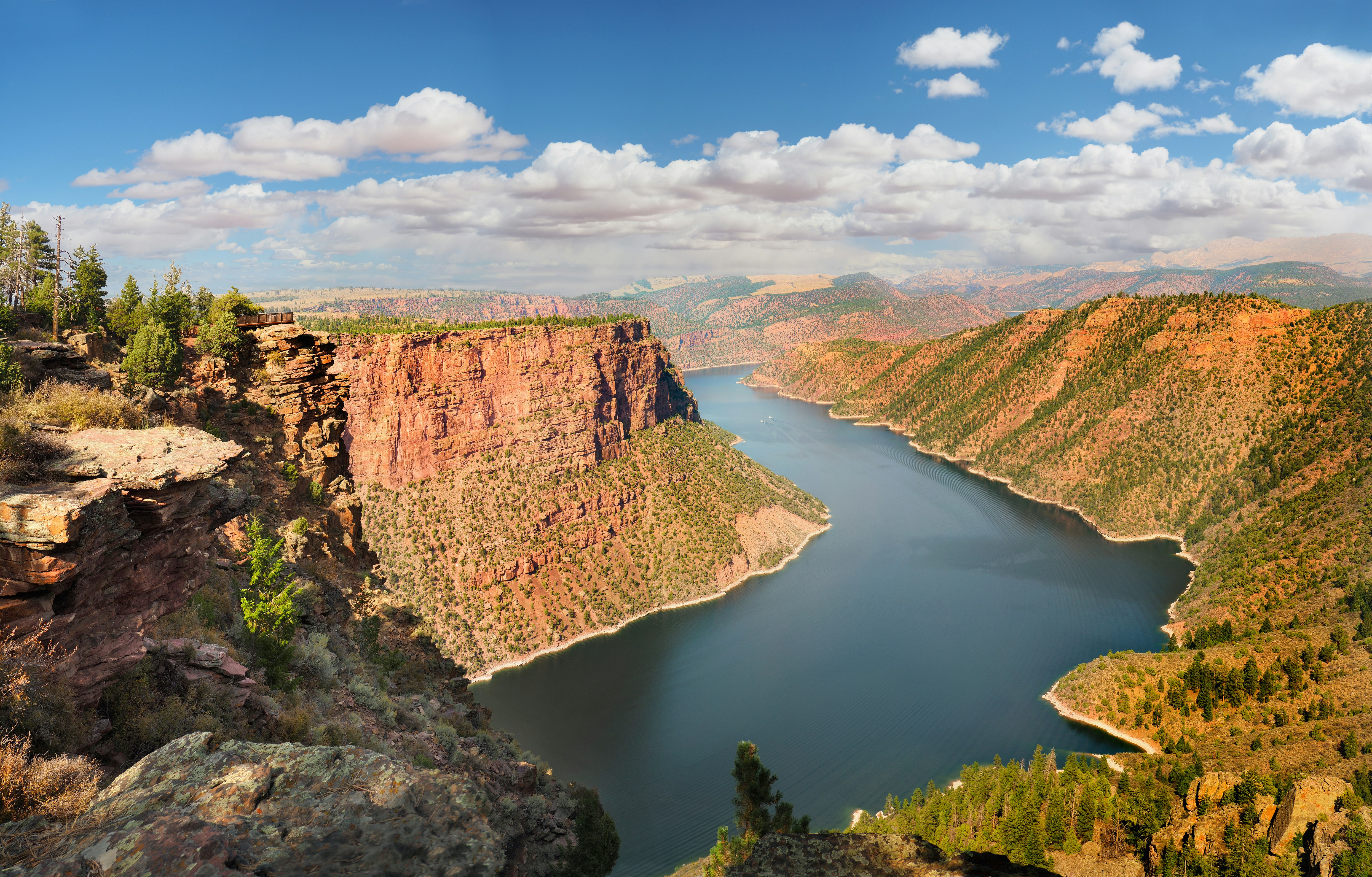 An aerial view of the  Green River Canyon flanked by the red cliffs of the Flaming Gorge National Monument in Wyoming