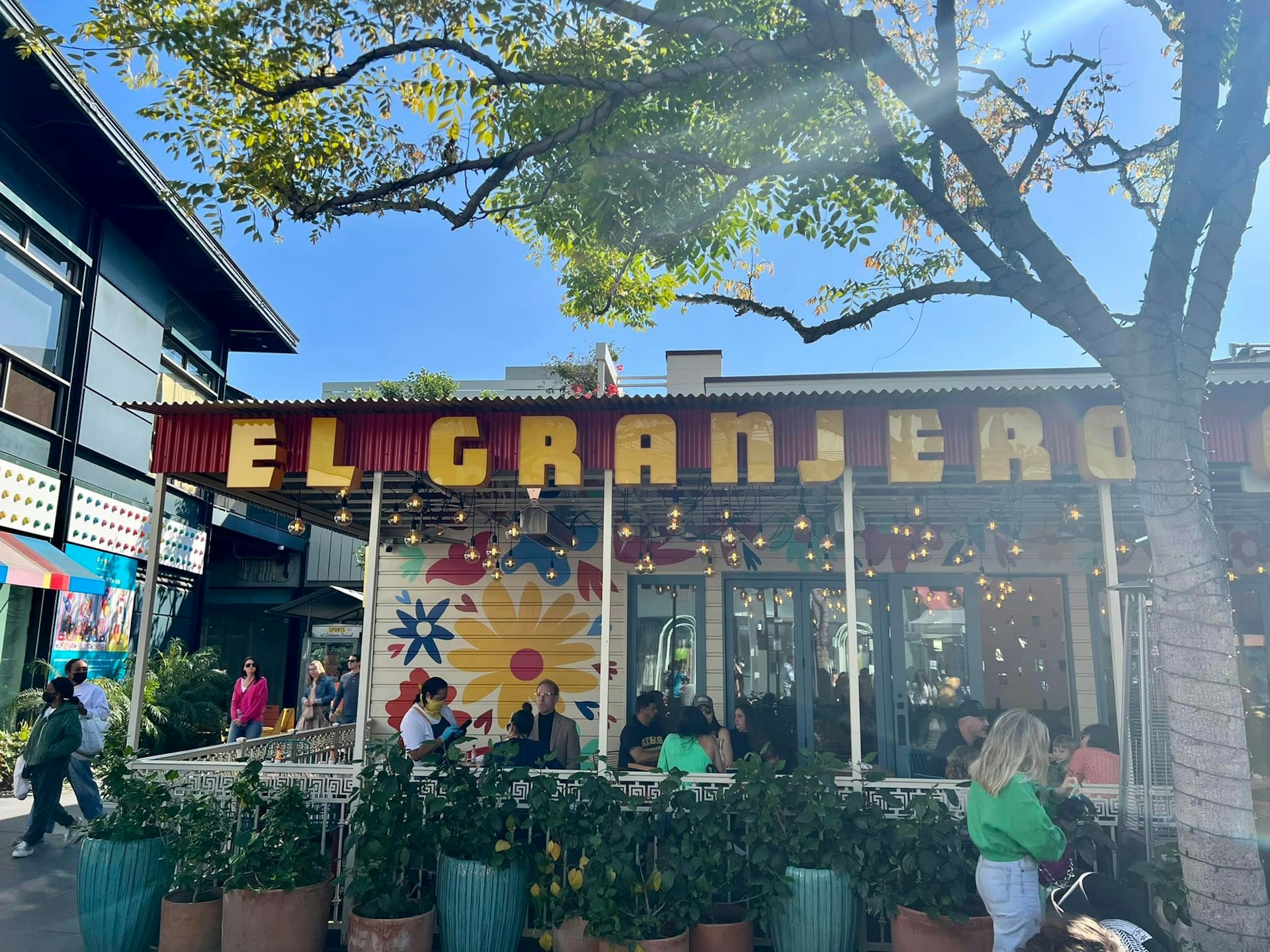 A view of the exterior of El Granjero Mexican cantina at the Original Farmer's Market in LA