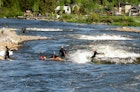 Deschutes River. Group of people river surfing in the whitewater park at Deschutes River. Bend, Oregon, USA.  May 21, 2017; Shutterstock ID 1192119136; your: Brian Healy; gl: 65050; netsuite: Lonely Planet Online Editorial; full: Best neighborhoods in Bend, OR