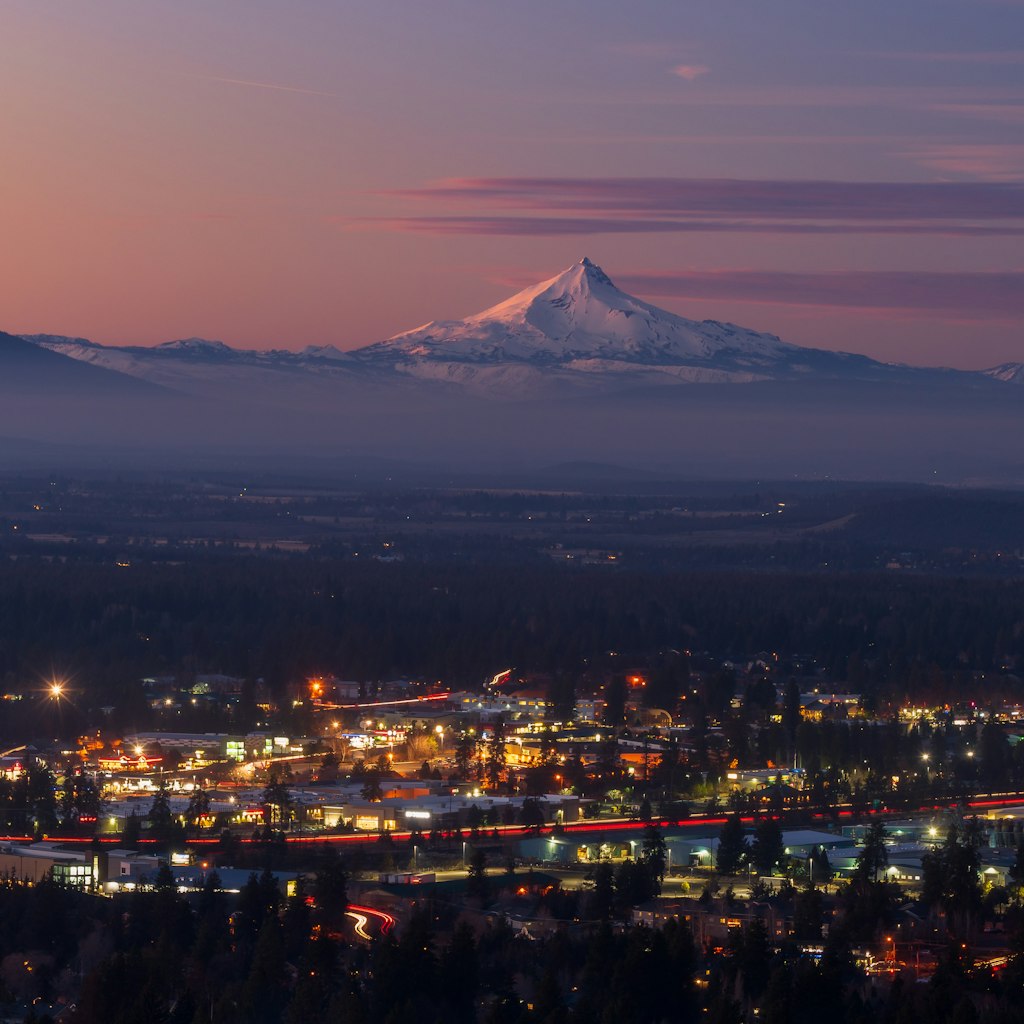 Bend Oregon cityscape with Mt Jefferson at sunset; Shutterstock ID 1650409732; your: Brian Healy; gl: 65050; netsuite: Lonely Planet Online Editorial; full: Best neighborhoods in Bend, OR