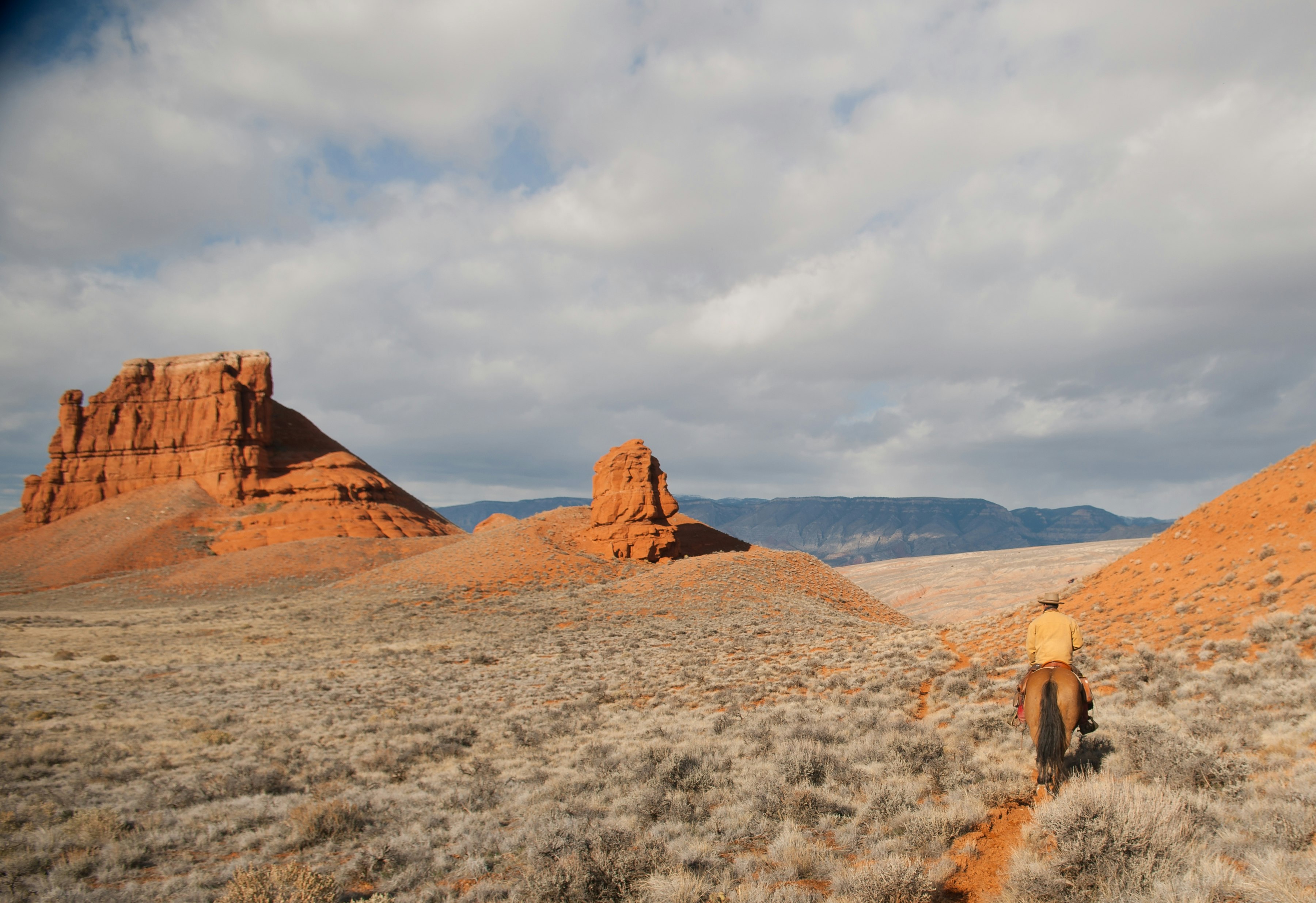A man in a cowboy hat on horseback rides through the sagebrush landscape toward mesas near Shell, Wyoming, The West, USA