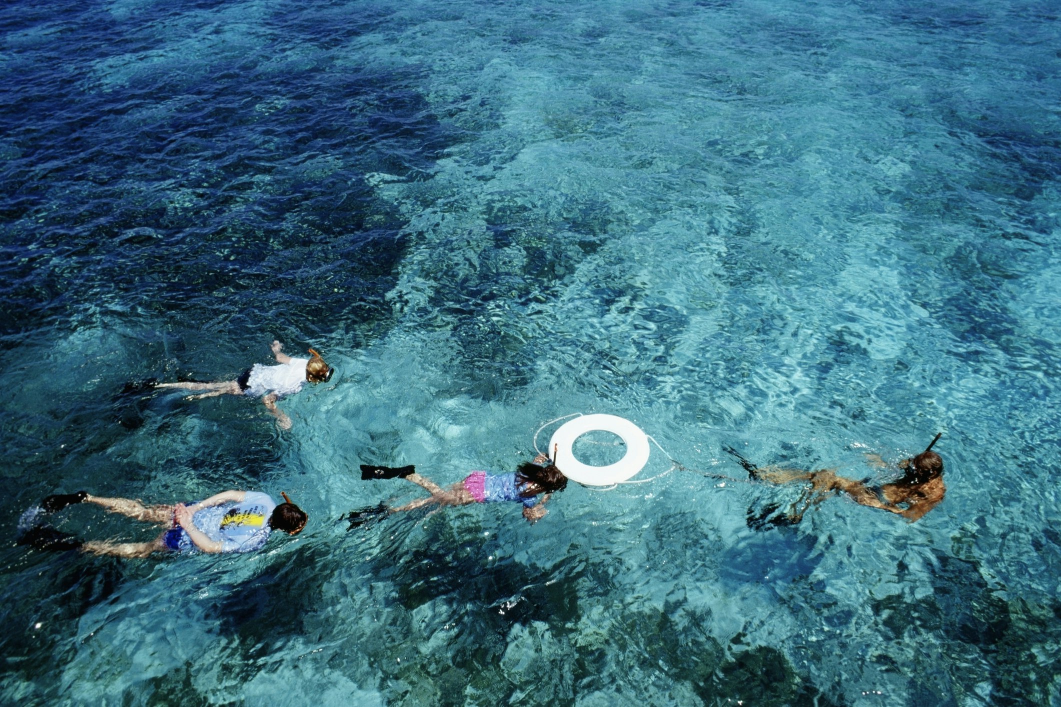 An overhead view of four people scuba diving in the ocean surrounding St. Croix, US Virgin Islands