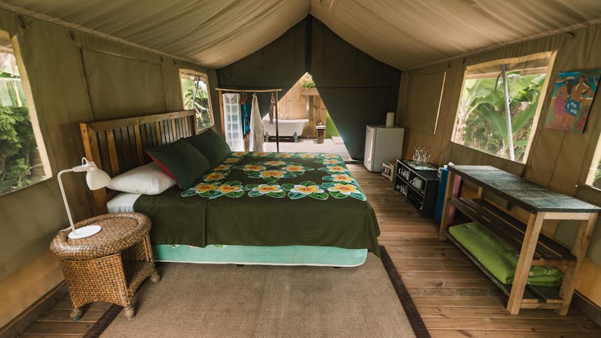Inside a safari tent at Ikurangi Eco Resort in the Cook Islands
