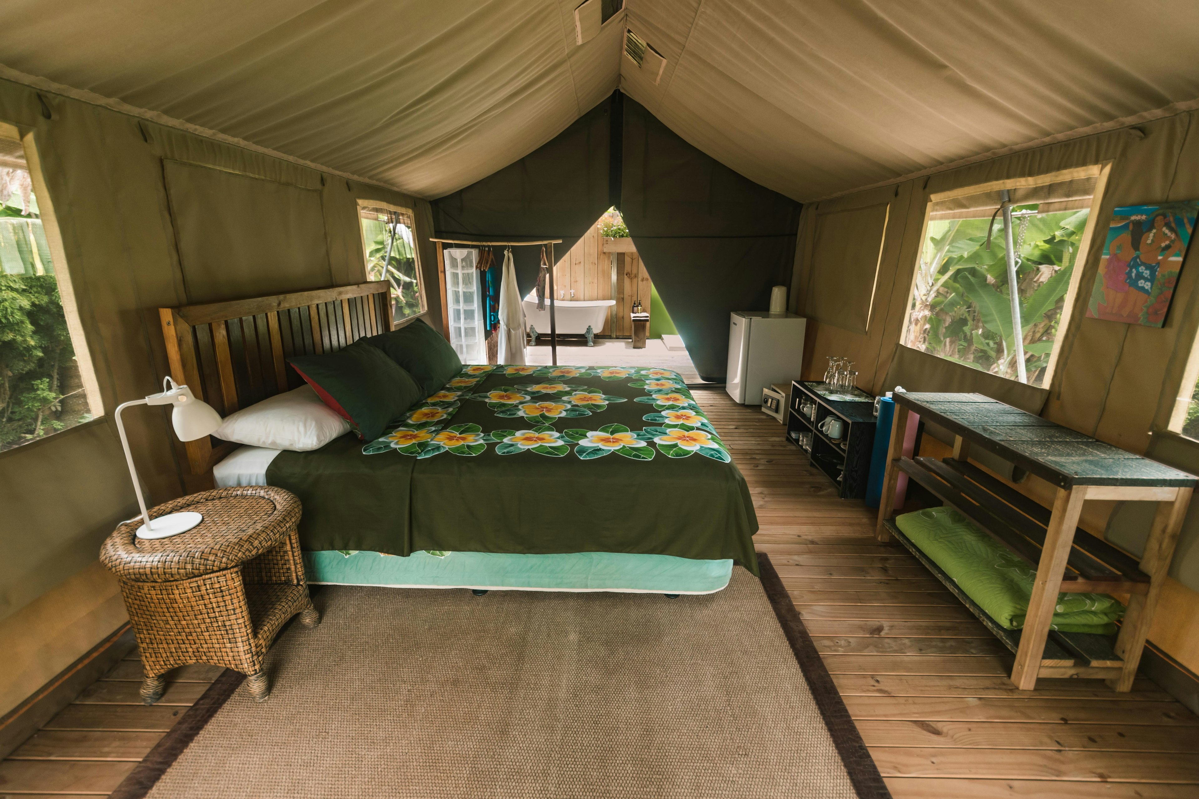 Inside a safari tent at Ikurangi Eco Resort in the Cook Islands