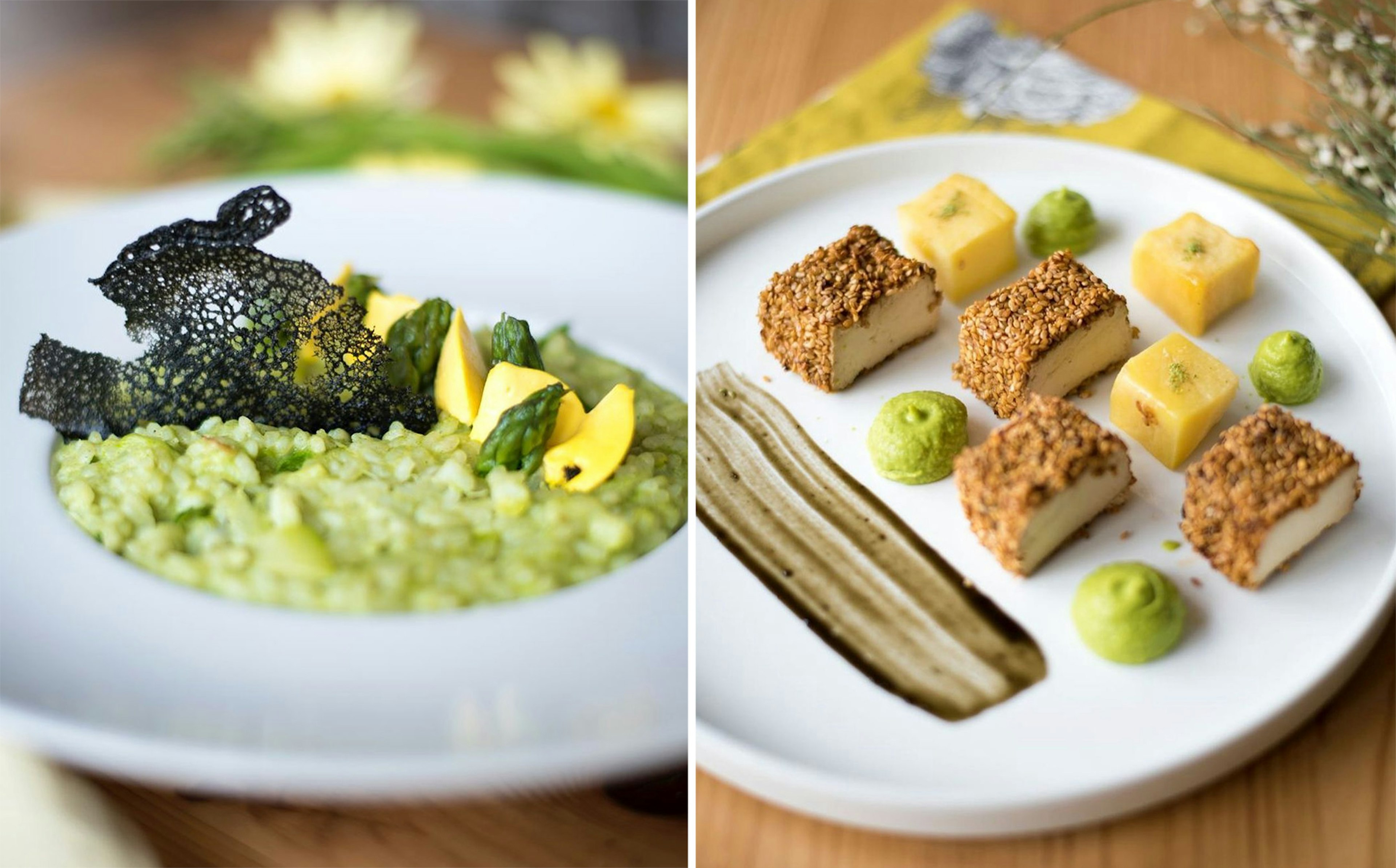 LEFT: Risotto with asparagus with saffron cream; RIGHT: Otani tofu roast with pea and mint cream, teriyaki sauce and fondue potatoes