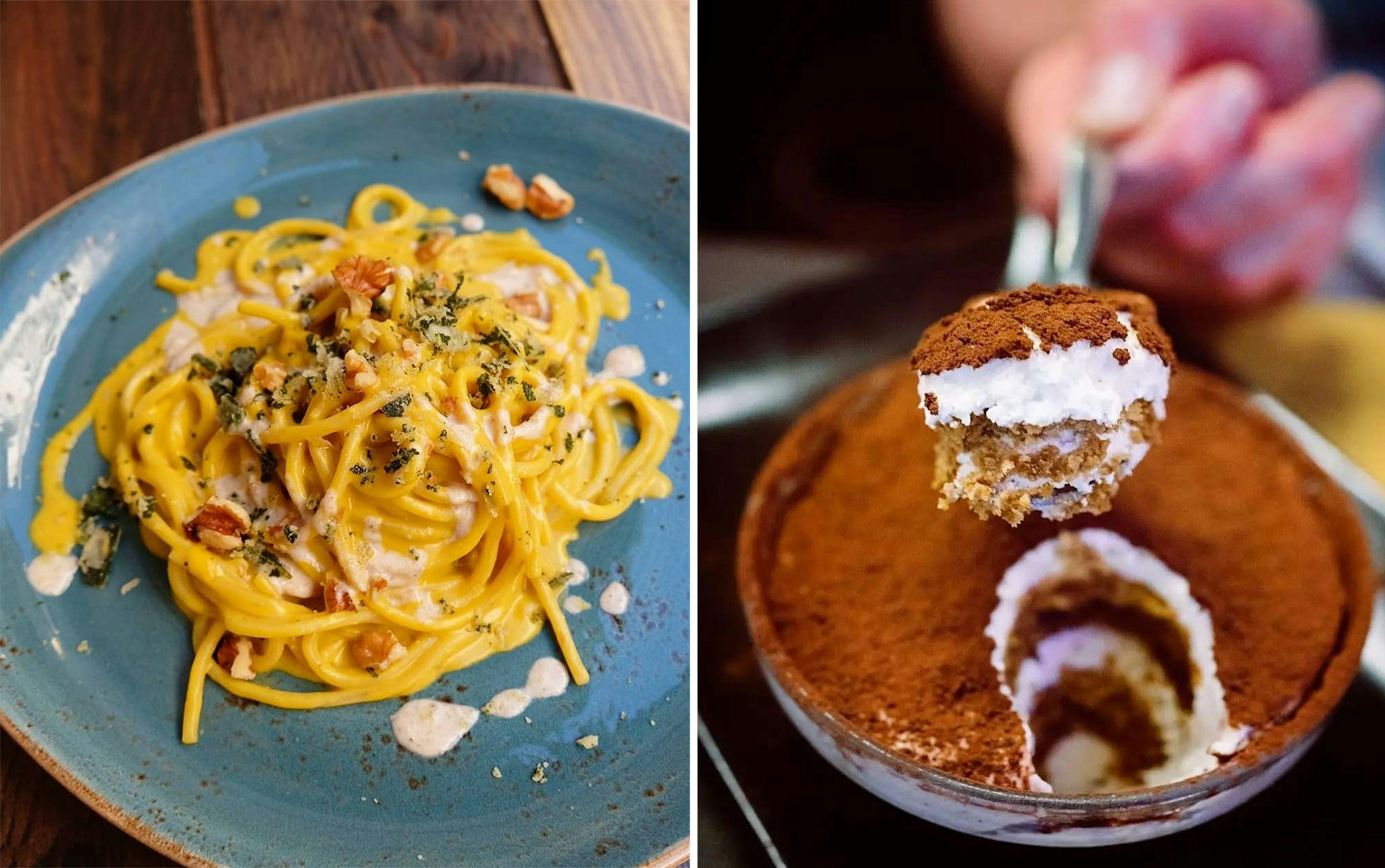 Rifugio Romano in Rome, Italy. LEFT: Tonnarello with pumpkin, walnut butter, and crumbled sage; RIGHT: vegan tiramisù