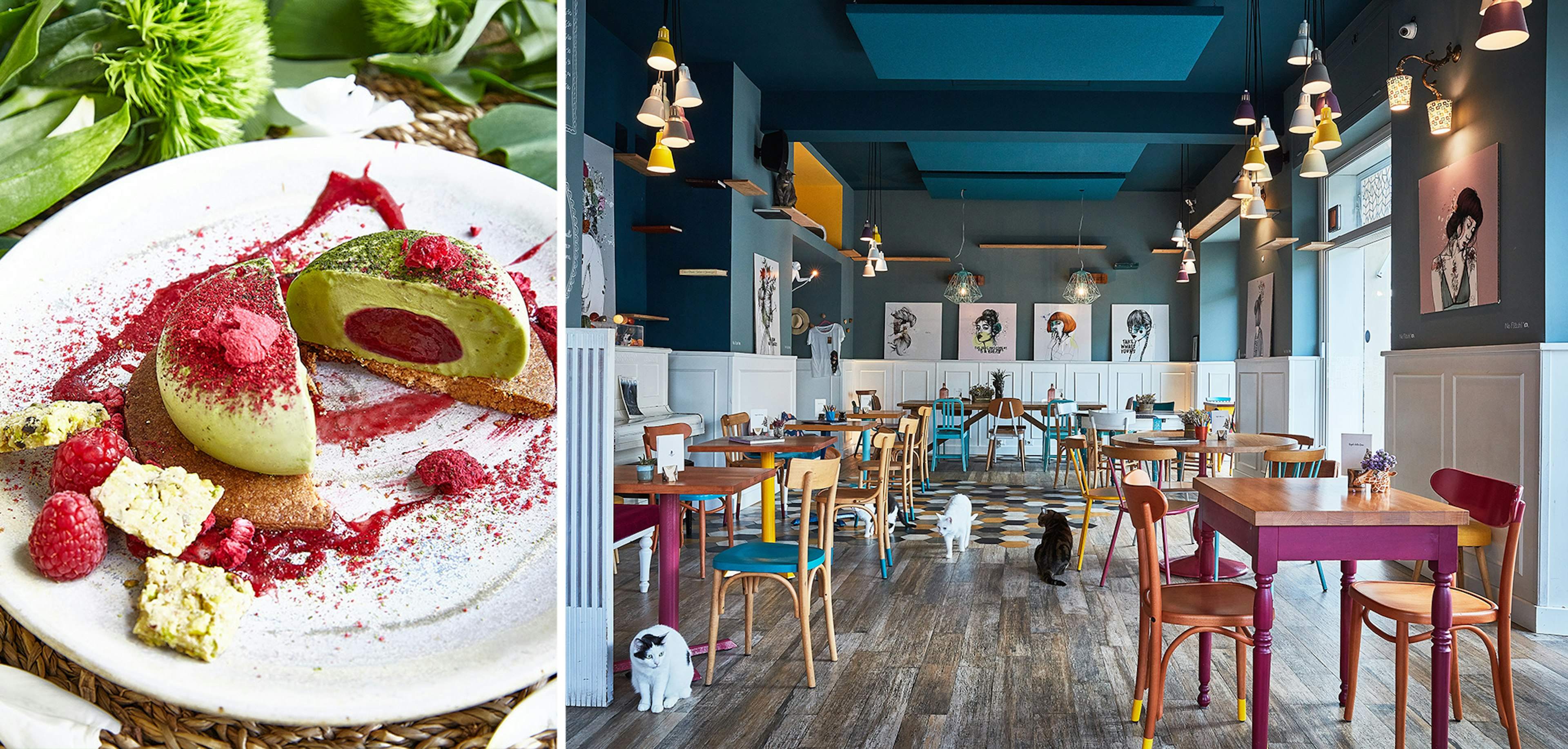 Left: matcha tea parfait, with raspberry heart, almond sablè and pistachio tuille; Right: interior of Romeow