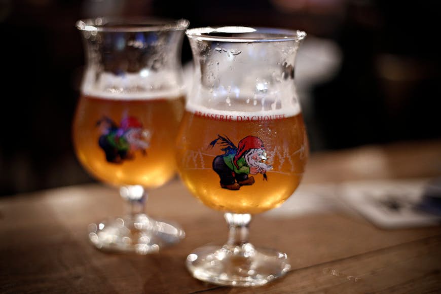 Two glasses of Belgian beer La Chouffe in a bar in Brussels, Belgium