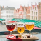 Beer and chocolate at Market Place on April 28, 2018 at Brugge, Belgium.