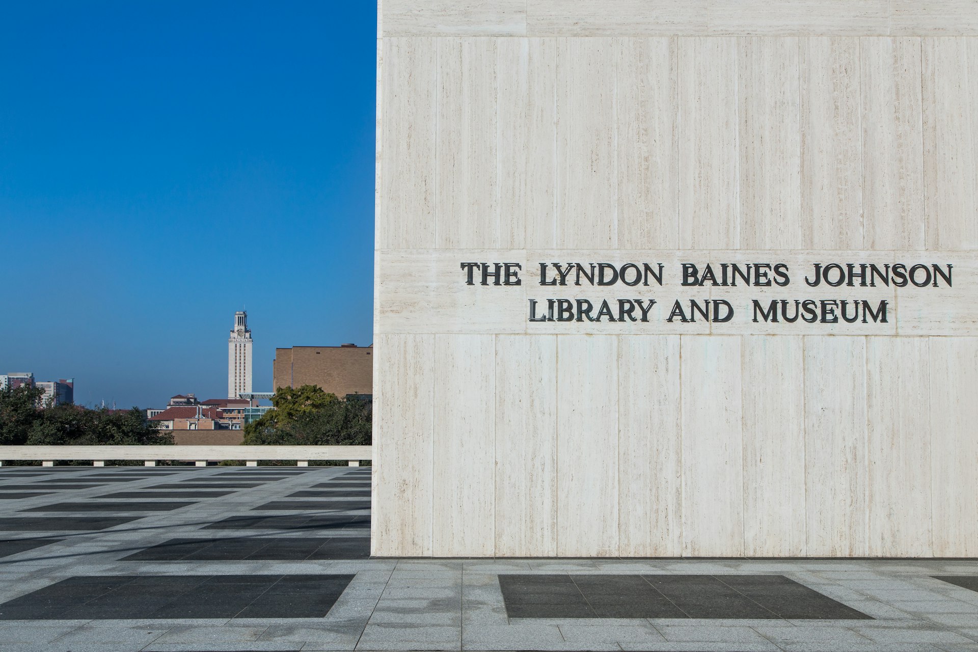 The outside of the Lyndon Baines Johnson LIbrary and Museum is pictured