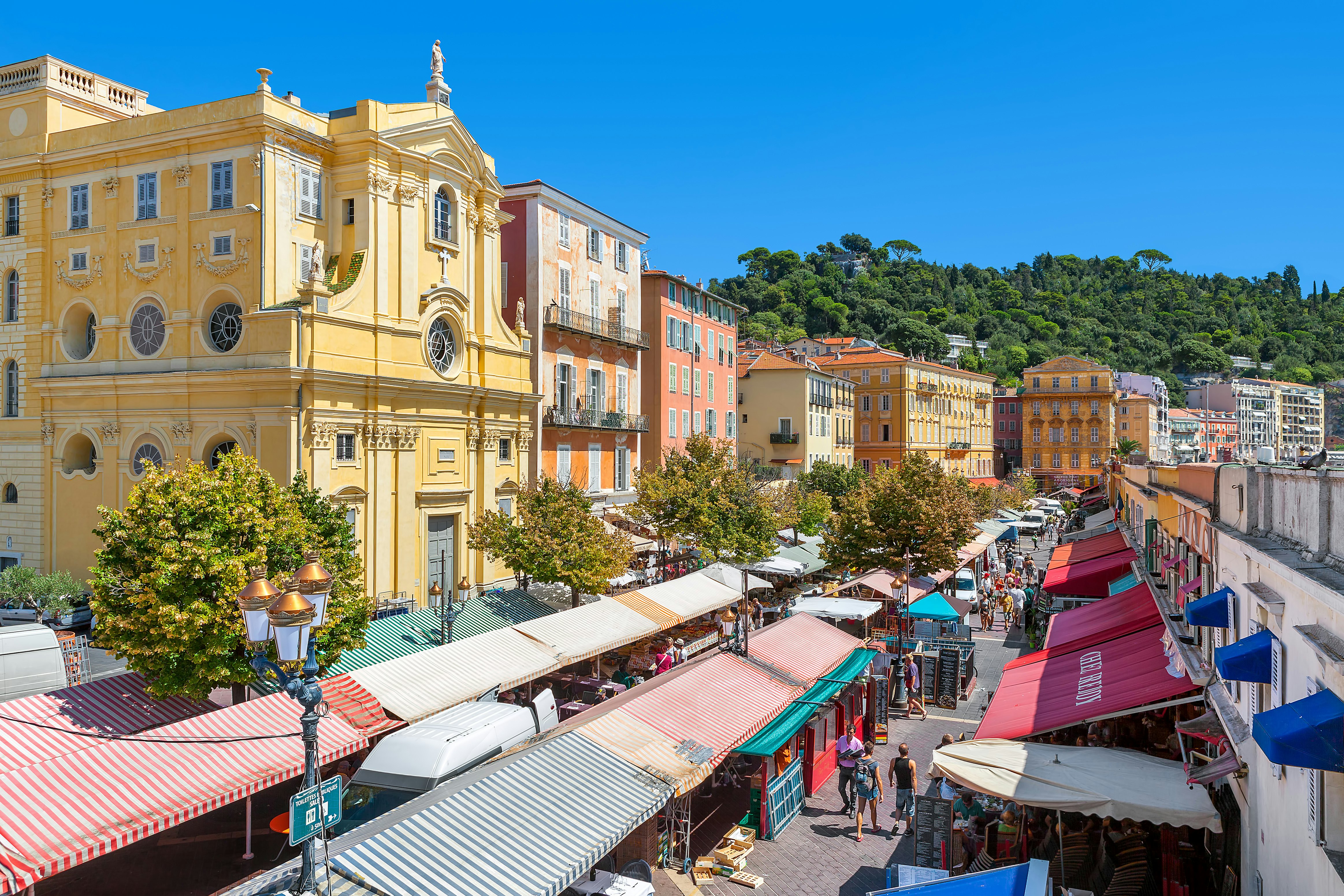 A view over the Cours Saleya market in Nice in the sunshine