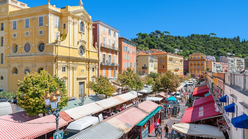 A view over the Cours Saleya market in Nice in the sunshine